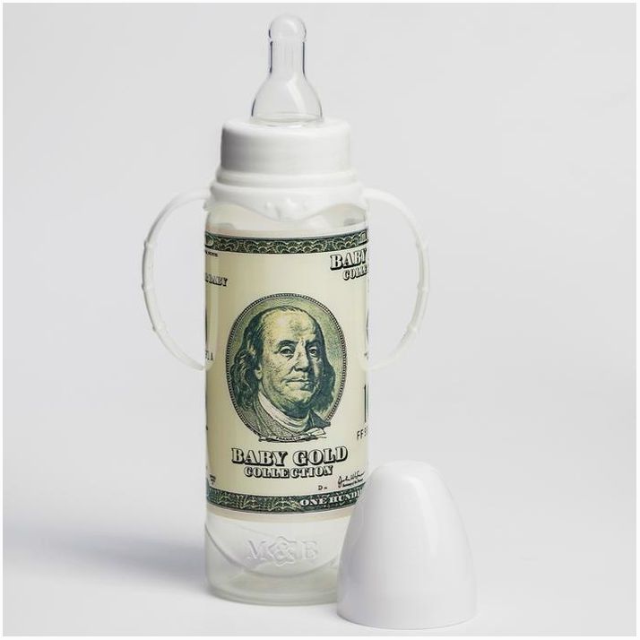 Картинка Бутылочка для кормления «100 долларов», 250 мл., классическое горло, от 3 мес, цилиндр, с ручками (№5399875) от магазина Мир детей Товары для Новорожденных