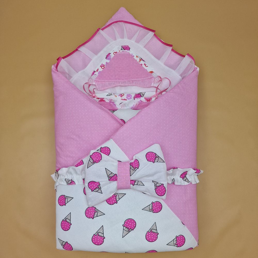 Комплект на выписку 12 пр: одеяло+пододеяльник+уголок+2 пеленки+3 распашонки+3 чепчика+бант артикул анонс 1879б-2-2_о_11