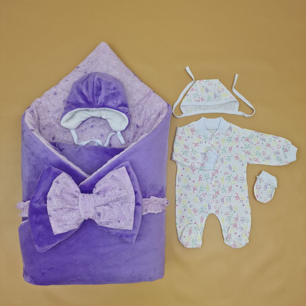 Комплект на выписку 6 пр: одеяло+комбинезон+шапочка+чепчик+рукавички+бант артикул анонс 1886в-0-2_о_10