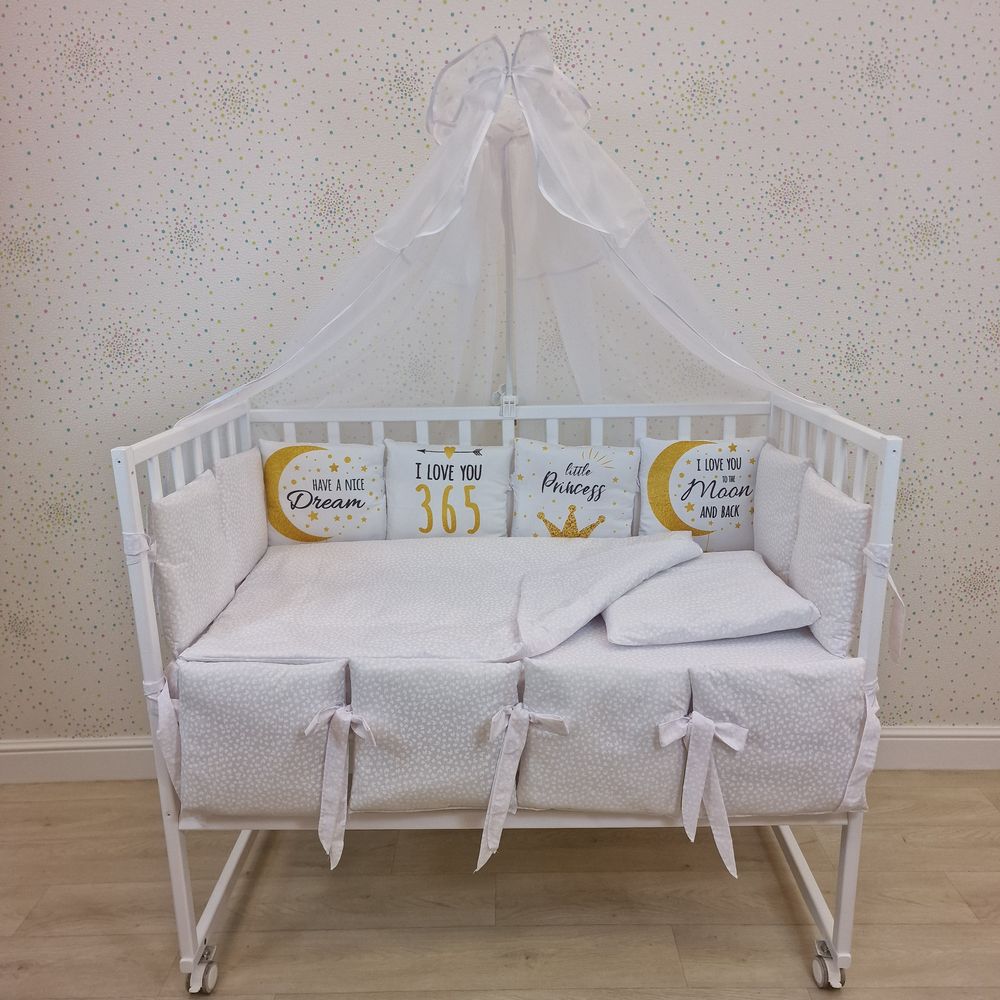 Картинка КПБ 18 пр "принт" (балдахин + борт 4п+8 + одеяло + подушка + постельное белье (бязь/сатин) 12кв (№П207_4а8) цвета в ассортименте от магазина Мир детей Товары для Новорожденных