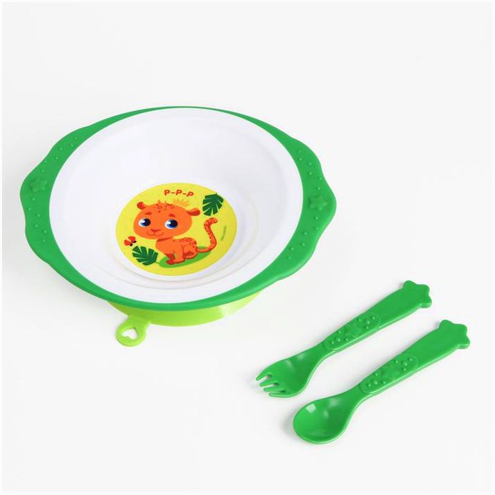 Набор детской посуды «Леопард», тарелка на присоске 250мл, вилка, ложка артикул анонс 7310962