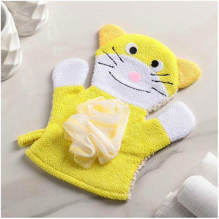Мочалка-варежка детская для купания Доляна «Котик» артикул анонс 4442517