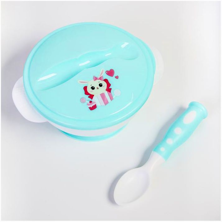 Набор детской посуды «Зайчик», 3 предмета: тарелка на присоске, крышка, ложка, цвет бирюзовый артикул анонс 3630404
