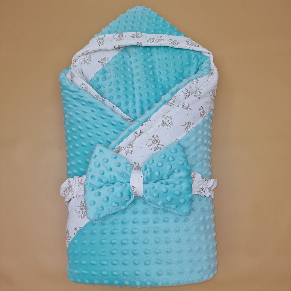 Картинка Конверт комплект на выписку 2 пр: одеяло с капюшоном+бант (плюш/интерлок) (№1896ви-1-2_м) цвета в ассортименте от магазина Мир детей Товары для Новорожденных