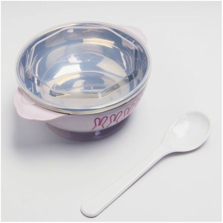 Набор детской антикорозийной посуды, 3 предмета: тарелка, 270 мл, ложка, крышка. МИКС артикул анонс 3973784