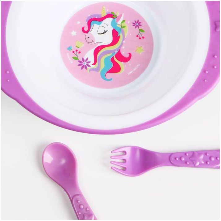 Картинка Набор детской посуды «Единорожек», тарелка на присоске 250мл, вилка, ложка (№7310967) от магазина Мир детей Товары для Новорожденных