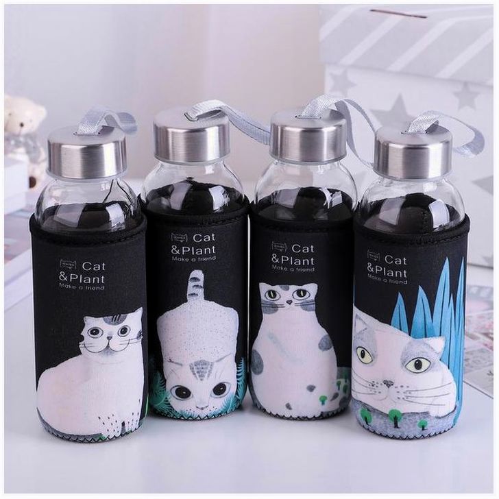 № 3600792 Бутылка для воды стеклянная в чехле «Хитрый котик», 300 мл, h=17 см, рисунок МИКС