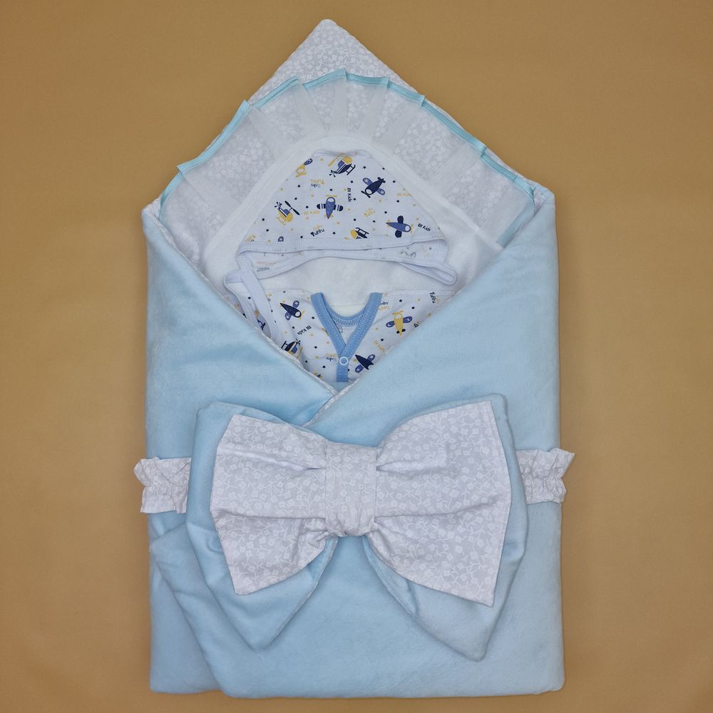 Комплект на выписку 6 пр: одеяло+уголок+распашонка+пеленка+чепчик+бант артикул анонс 1889в-0-1_о_06