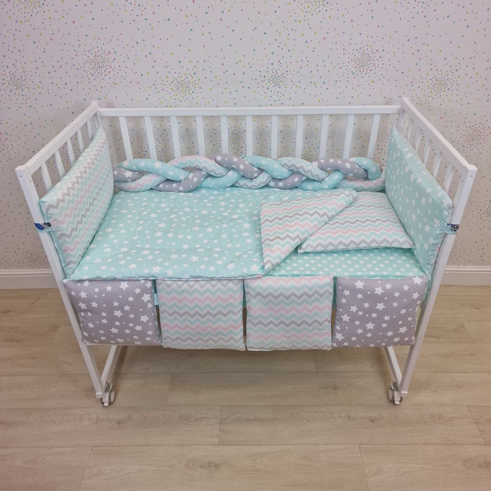 КПБ 14 пр (борт + пододеяльник + одеяло + наволочка + подушка + простынь (бязь) коса артикул анонс 1155-0-1бб