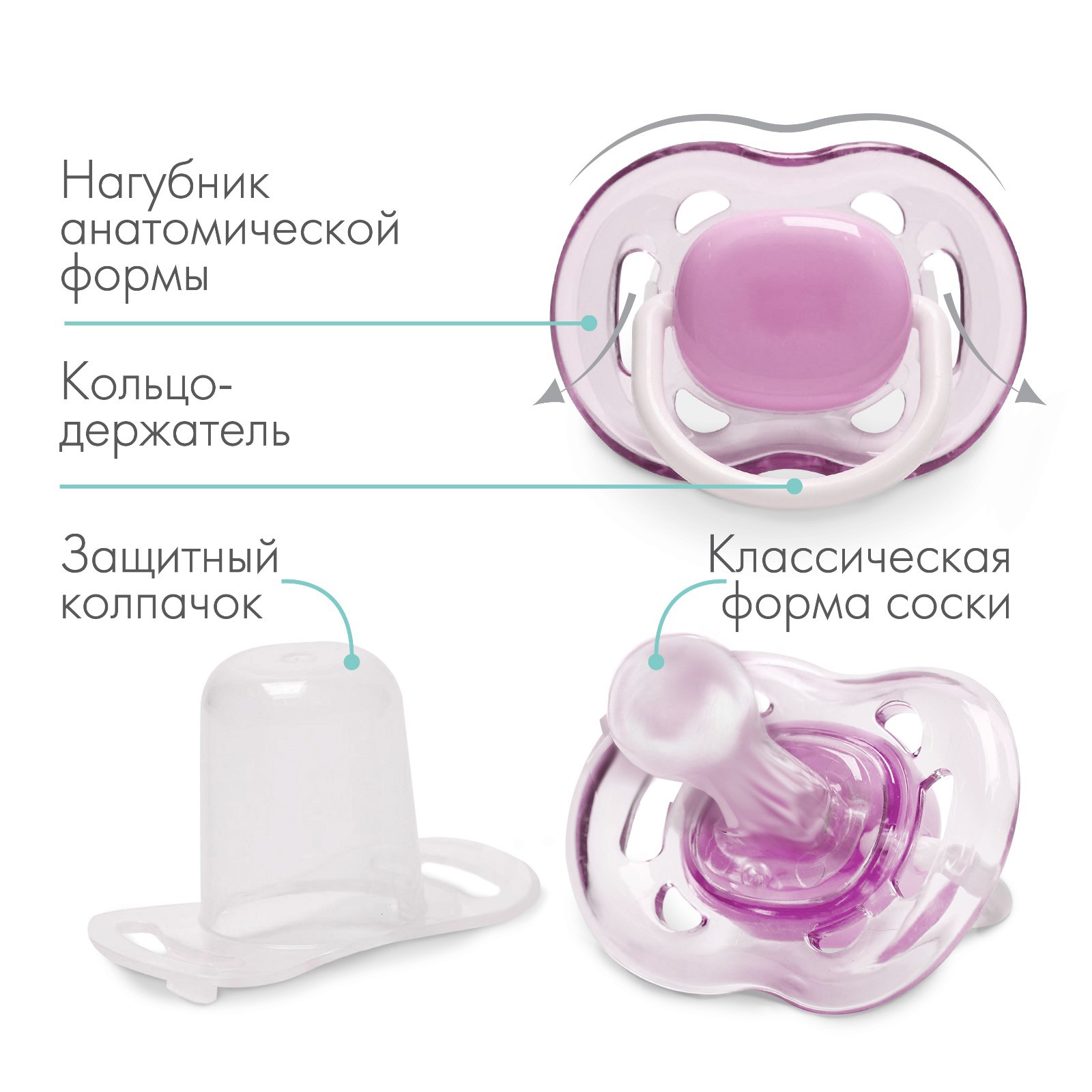 № 9572345 Соска - пустышка классическая, силикон, +6мес., с колпачком, цвет фиолетовый