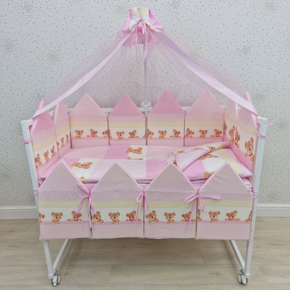 Картинка КПБ 18 пр (балдахин + борт + пододеяльник + одеяло + наволочка + подушка + простынь (бязь) "Домики" (№1128-2-1) цвета в ассортименте от магазина Мир детей Товары для Новорожденных