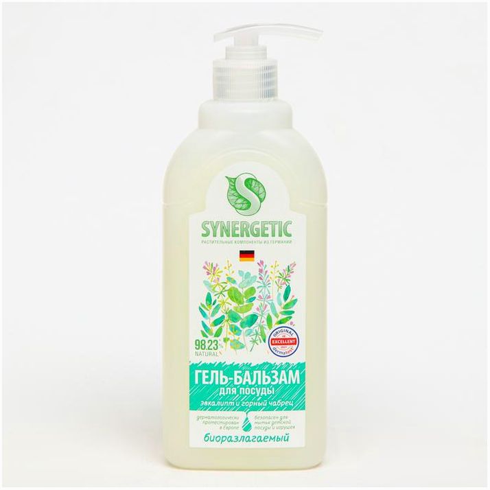 Гель-бальзам для мытья и детских игрушек SYNERGETIC Эвкалипт и горный чабрец,биоразлагаемый, 0,5л артикул анонс 9619259