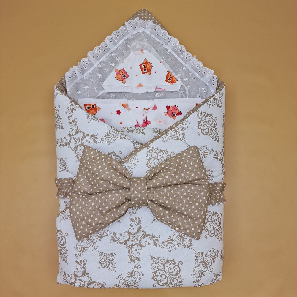 Комплект на выписку 9 пр: одеяло+уголок+2 пеленки+2 распашонки+2 чепчика+бант артикул анонс 1866-2-2