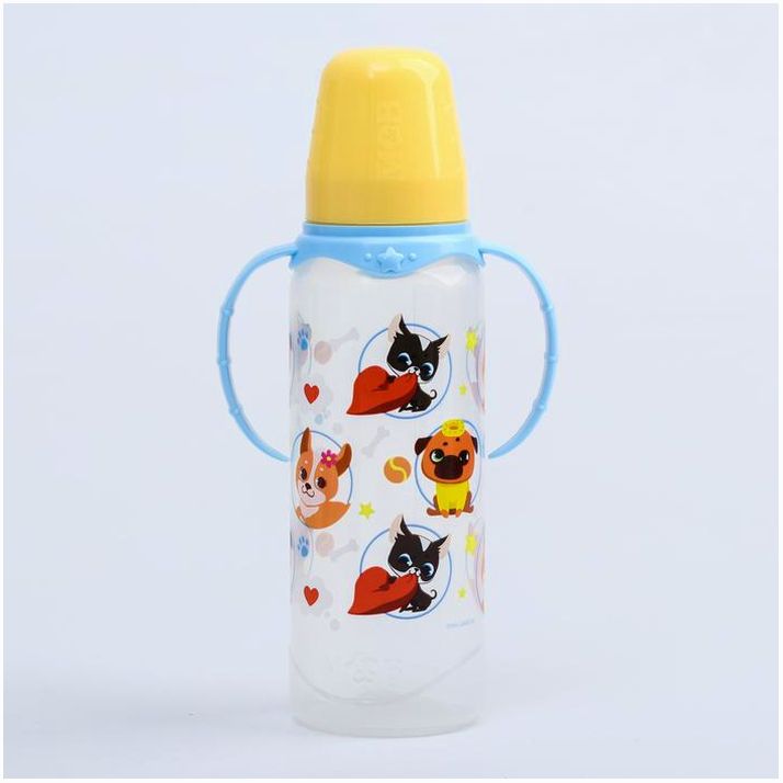 Бутылочка «ТРЕНД. Песики», классическое горло, 250 мл., от 3 мес., цилиндр, с ручками, цвет голубой артикул анонс 4882555