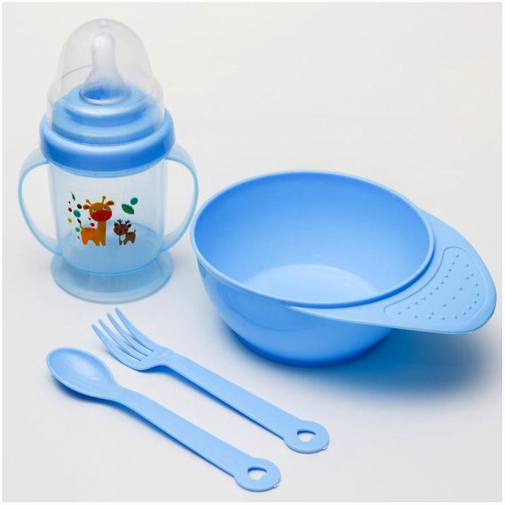 Набор для кормления: миска, бутылочка, вилка, ложка, цвет МИКС артикул анонс 4724448