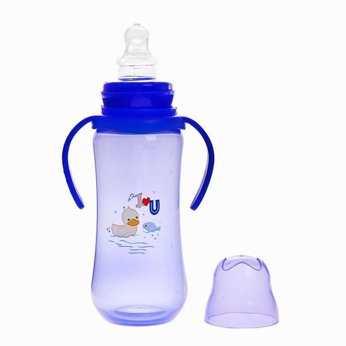 № 2825258 Бутылочка для кормления цветная с ручками, 280 мл, от 0 мес., цвет синий