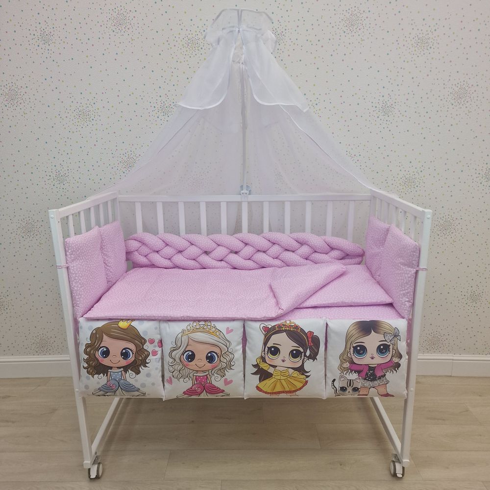 КПБ 15 пр (балдахин + борт + пододеяльник + одеяло + наволочка + подушка + простынь (бязь) коса артикул анонс 1163-0-1П