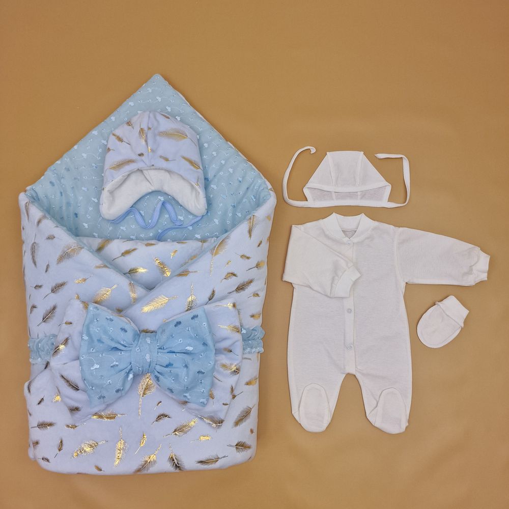 Комплект на выписку 6 пр: одеяло+комбинезон+шапочка+чепчик+рукавички+бант артикул анонс 1886в-1-1_о_08