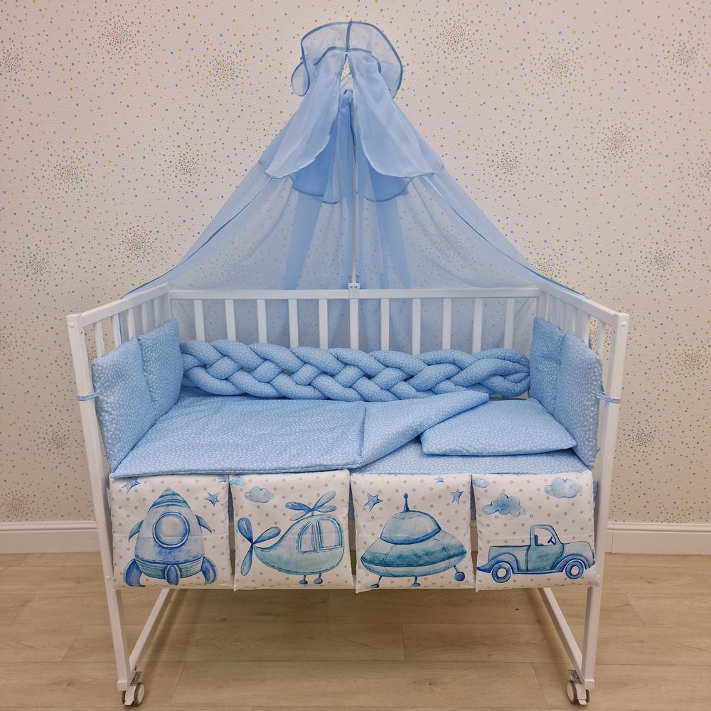 КПБ 15 пр (балдахин + борт + пододеяльник + одеяло + наволочка + подушка + простынь (бязь) коса артикул анонс 1163-0-1П_03