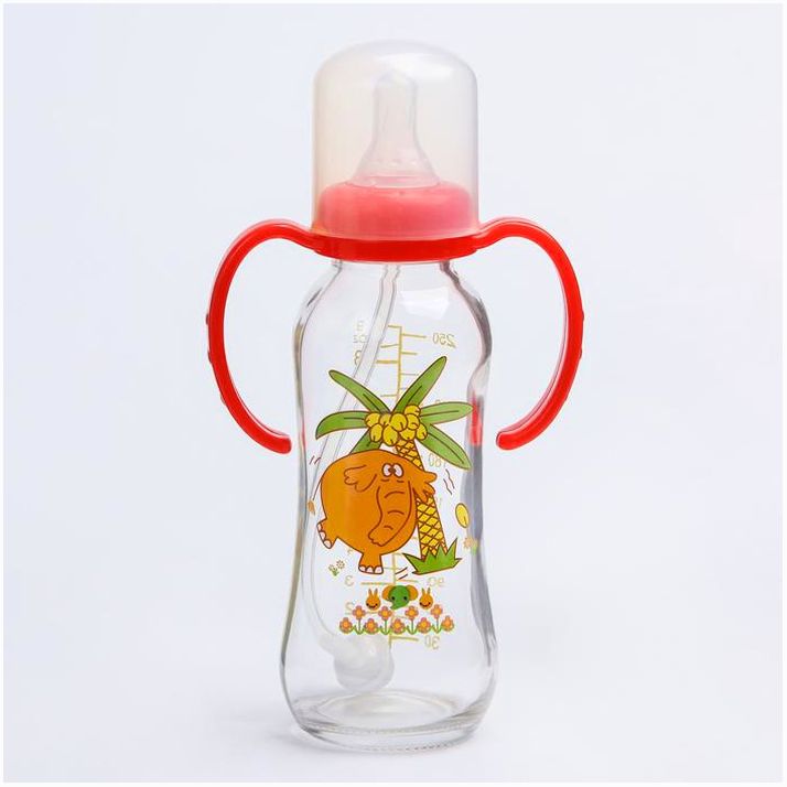 Бутылочка для кормления 250 мл., стекло, с ручками, цвет МИКС артикул анонс 4477717