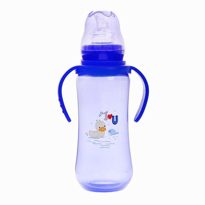 Бутылочка для кормления цветная с ручками, 280 мл, от 0 мес., цвет синий артикул анонс 2825258