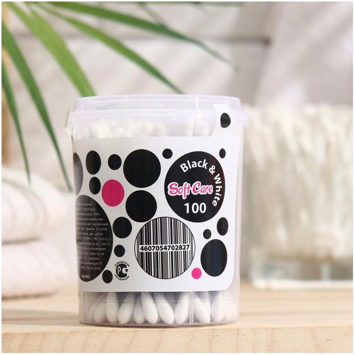 Ватные палочки Soft Care Black&White, банка, 100 шт. артикул анонс 9275470