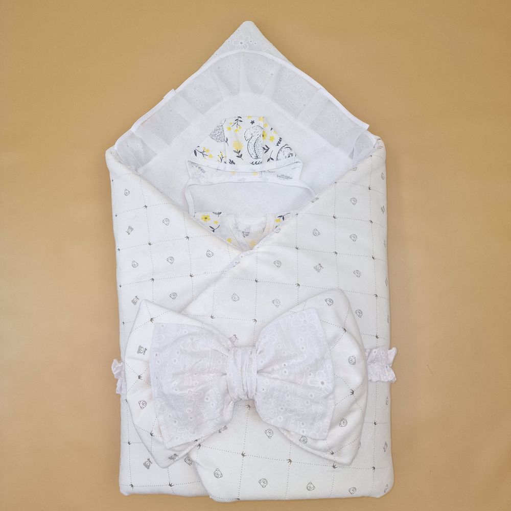 Комплект на выписку 6 пр: одеяло+уголок+распашонка+пеленка+чепчик+бант артикул анонс 1889в-0-2_о_18