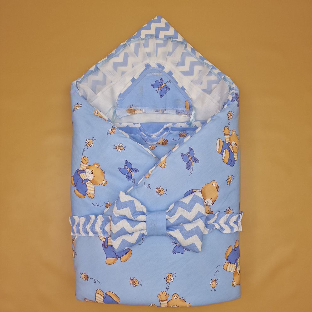 Комплект на выписку 12 пр: одеяло+пододеяльник+уголок+2 пеленки+3 распашонки+3 чепчика+бант артикул анонс 1878б-2-2_о