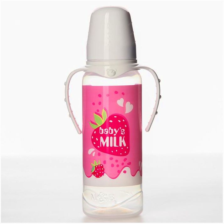 Бутылочка «Клубничное молоко», горло, 250 мл., от 0 мес., цилиндр, с ручками артикул анонс 7369075