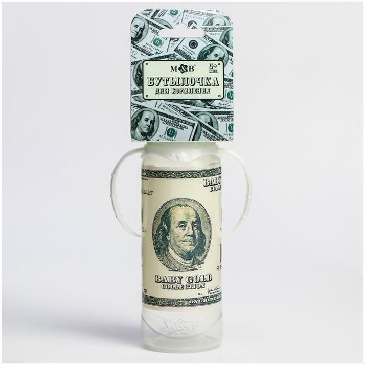 Бутылочка для кормления «100 долларов», 250 мл., классическое горло, от 3 мес, цилиндр, с ручками артикул анонс 5399875