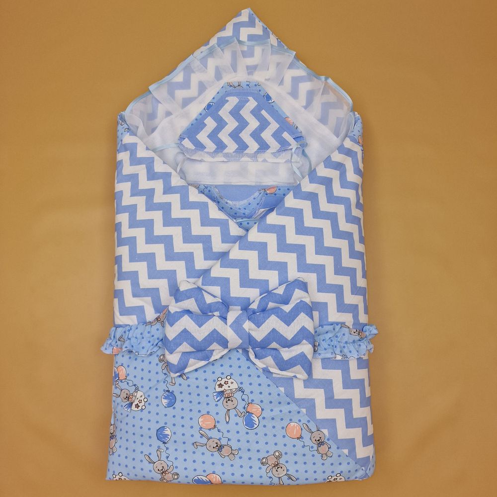 Комплект на выписку 12 пр: одеяло+пододеяльник+уголок+2 пеленки+3 распашонки+3 чепчика+бант артикул анонс 1879б-2-2_о_07