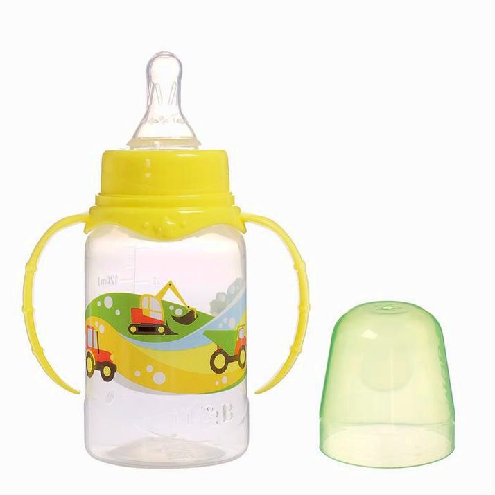№ 2969878 Бутылочка для кормления «Транспорт», классическое горло, с ручками, 150 мл., от 0 мес., цвет жёлтый