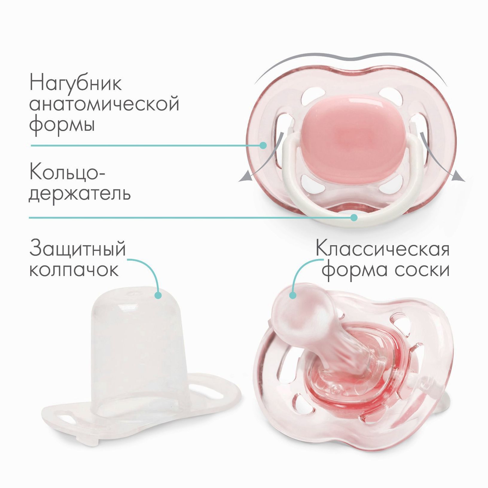 № 9572343 Соска - пустышка классическая, силикон, +6мес., с колпачком, цвет розовый