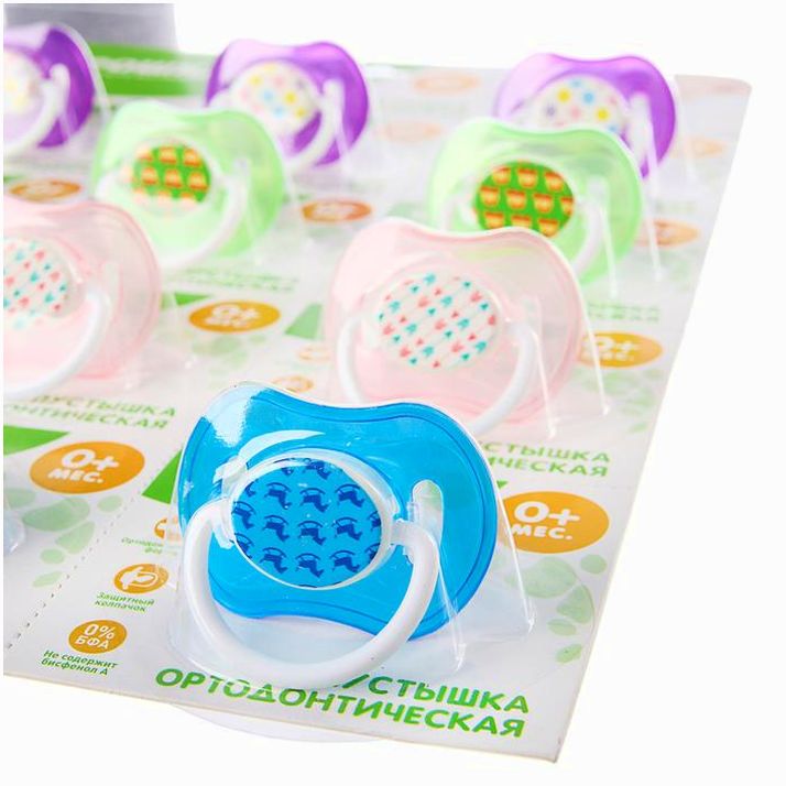 № 3489245 Пустышка ортодонтическая с колпачком, от 3 мес., на блистере, цвет МИКС