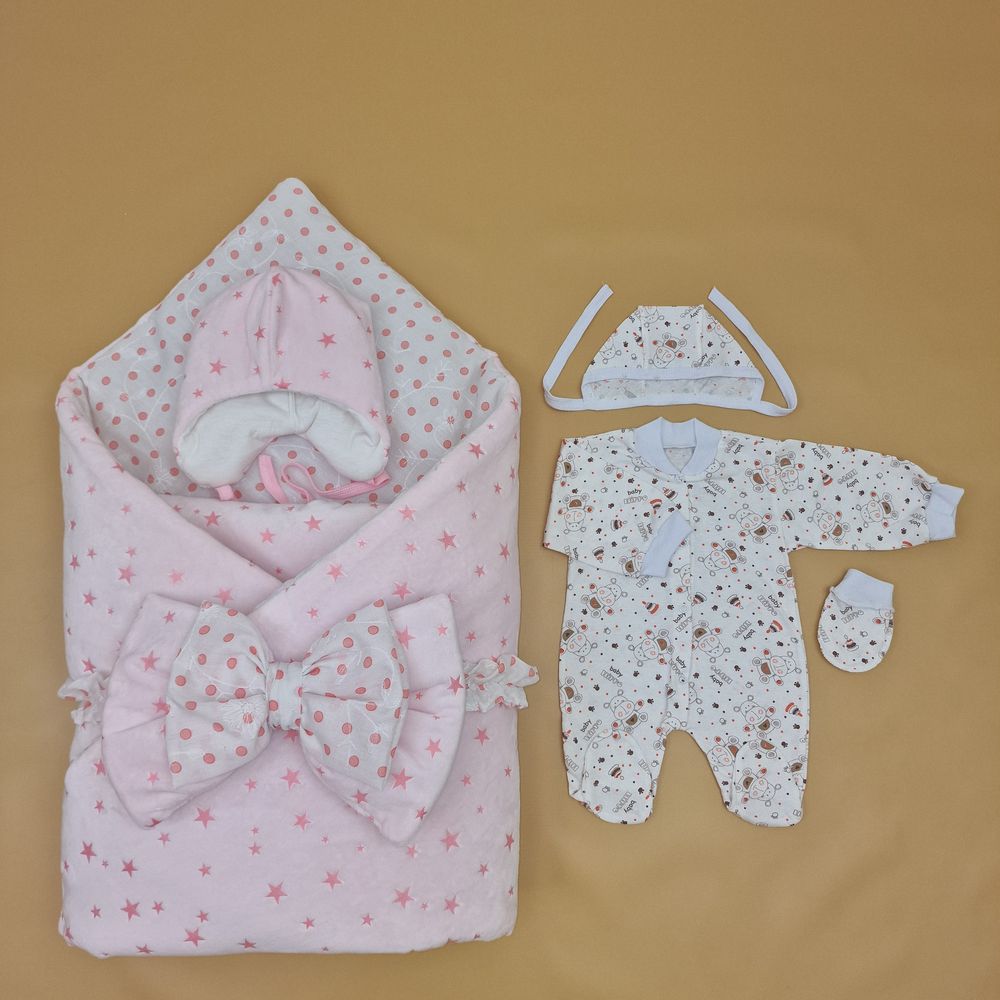 Комплект на выписку 6 пр: одеяло+комбинезон+шапочка+чепчик+рукавички+бант артикул анонс 1886в-0-1_о_12