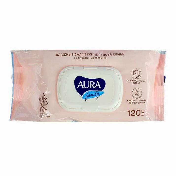 Картинка Влажные салфетки AURA FAMILY, для всей семьи, с антибактериальным эффектом 120 шт (№3823764) от магазина Мир детей Товары для Новорожденных