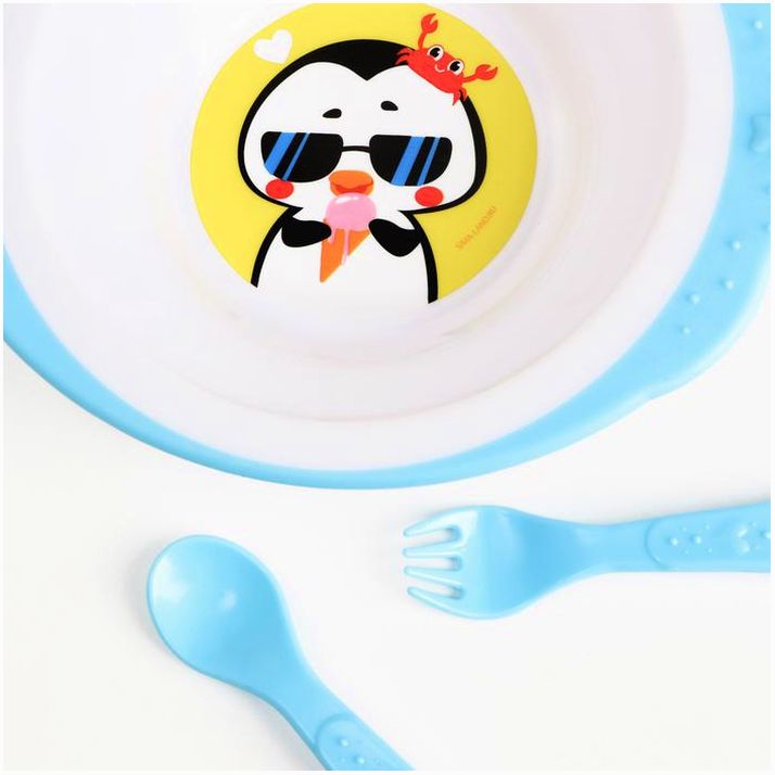 Картинка Набор детской посуды «Пингвинчик», тарелка на присоске 250мл, вилка, ложка (№7310963) от магазина Мир детей Товары для Новорожденных