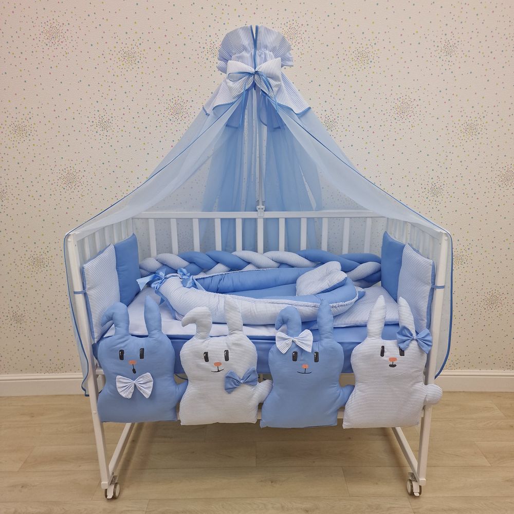 Картинка КПБ 17 пр (балдахин + борт + пододеяльник + одеяло + наволочка + 2подушки + простынь + гнездо (бязь) (№1170-0-1) цвета в ассортименте от магазина Мир детей Товары для Новорожденных