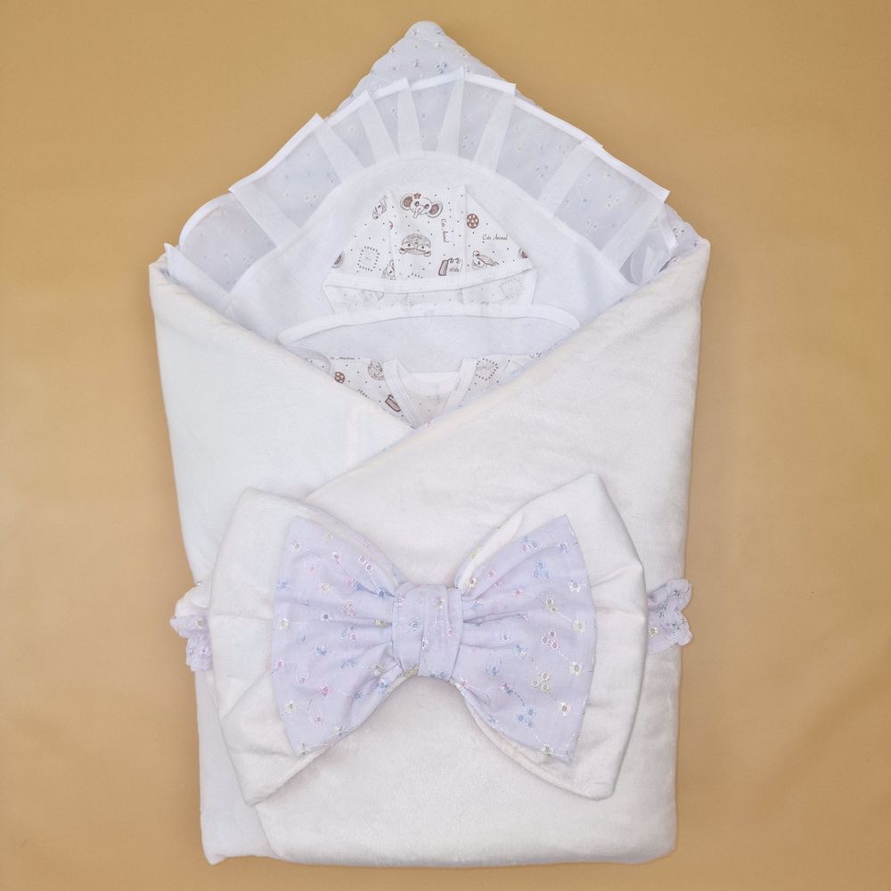 Комплект на выписку 6 пр: одеяло+уголок+распашонка+пеленка+чепчик+бант артикул анонс 1889в-0-1_о_15