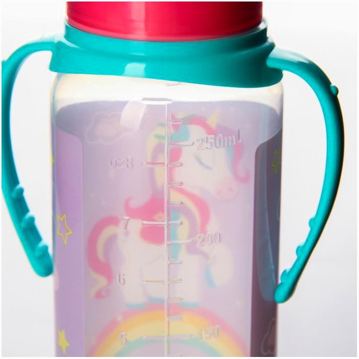 Картинка Бутылочка для кормления «Единорог», классическое горло, 250 мл., от 3 мес., цилиндр, с ручками (№7623815) от магазина Мир детей Товары для Новорожденных