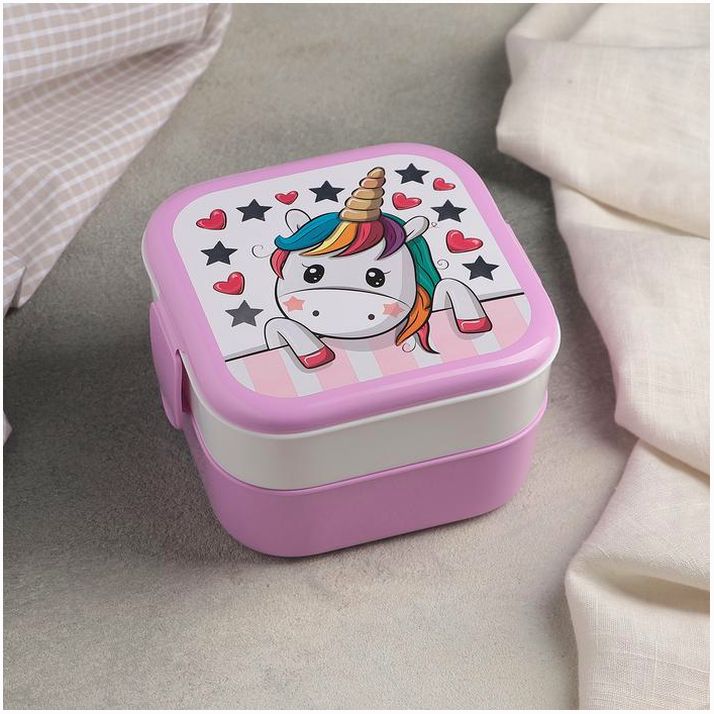 Контейнер для обеда «Единорог», 2 отделения, 400+400 мл, цвет розовый артикул анонс 4738111