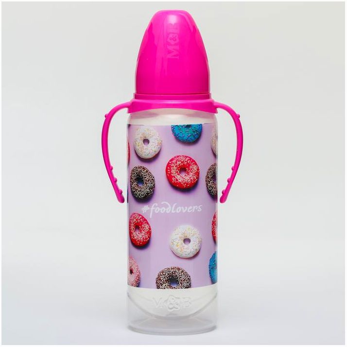 № 5399881 Бутылочка для кормления «Пончики», классическое горло, 250 мл., от 0 мес., цилиндр, с ручками