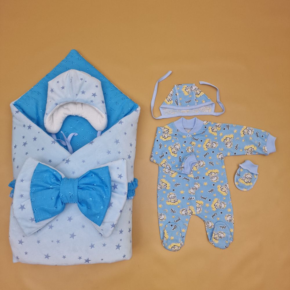 Комплект на выписку 6 пр: одеяло+комбинезон+шапочка+чепчик+рукавички+бант артикул анонс 1886в-1-2_о_10