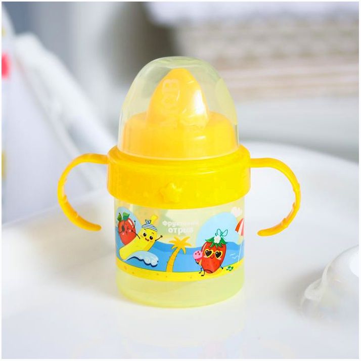 № 4701742 Поильник детский с твёрдым носиком «Фруктовая тусовка», с ручками, 150 мл, цвет оранж