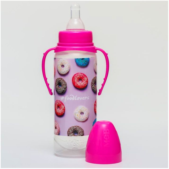 Картинка Бутылочка для кормления «Пончики», классическое горло, 250 мл., от 0 мес., цилиндр, с ручками (№5399881) от магазина Мир детей Товары для Новорожденных