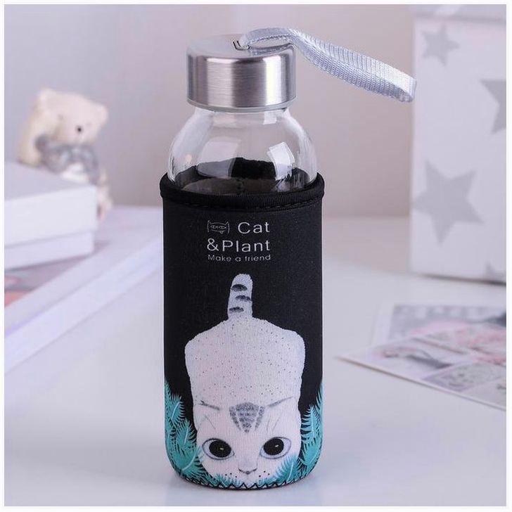 Бутылка для воды стеклянная в чехле «Хитрый котик», 300 мл, h=17 см, рисунок МИКС артикул анонс 3600792