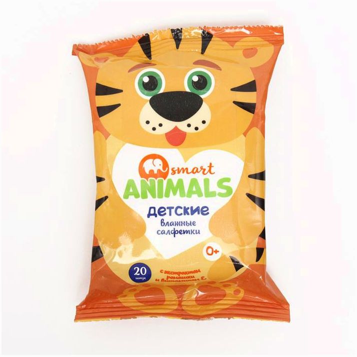 Салфетки влажные Smart animals №20 детские с ромашкой и витамином Е mix артикул анонс 9195037