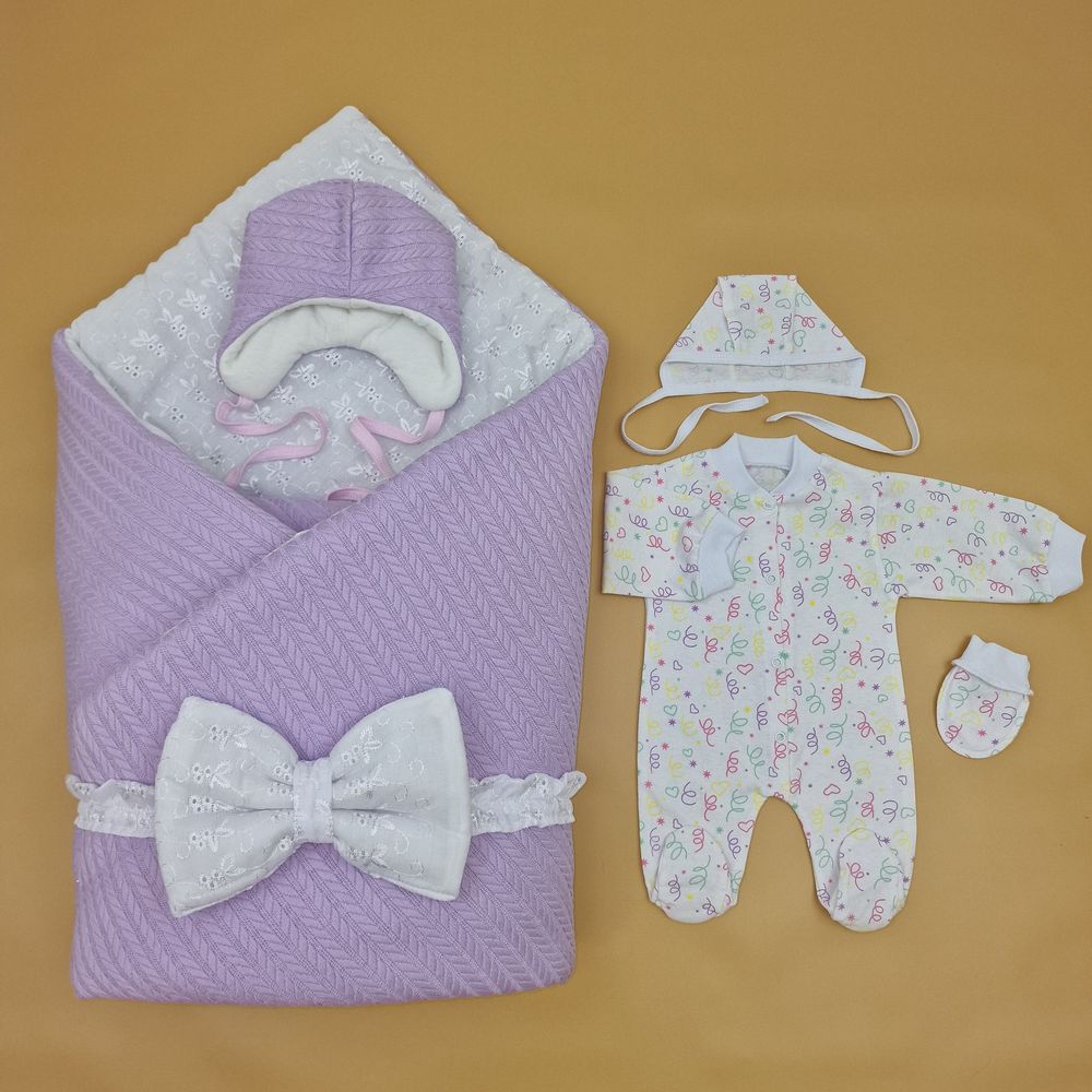 Комплект на выписку 6 пр: одеяло+комбинезон+шапочка+чепчик+рукавички+бант артикул анонс 1886вз-1-1_о_06
