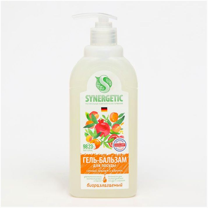 Гель-бальзам для мытья и детских игрушек SYNERGETIC Сочный гранат и абрикос,биоразлагаемый, 0,5л артикул анонс 9619257