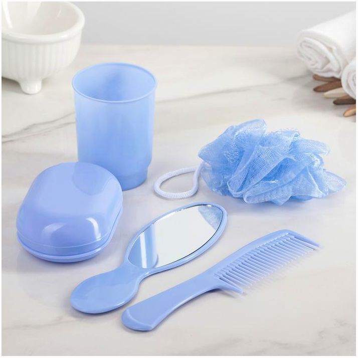 Набор дорожный «Дамский», 5 предметов (стакан, мыльница, расчёска, зеркало, мочалка), цвет МИКС артикул анонс 614780